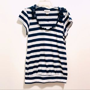Self Esteem Short Sleeves Navy Blue and White Striped Top